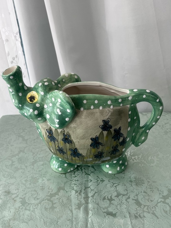 Other - Elephant Pitcher with Green & White Polkadots & Violet Flowers.